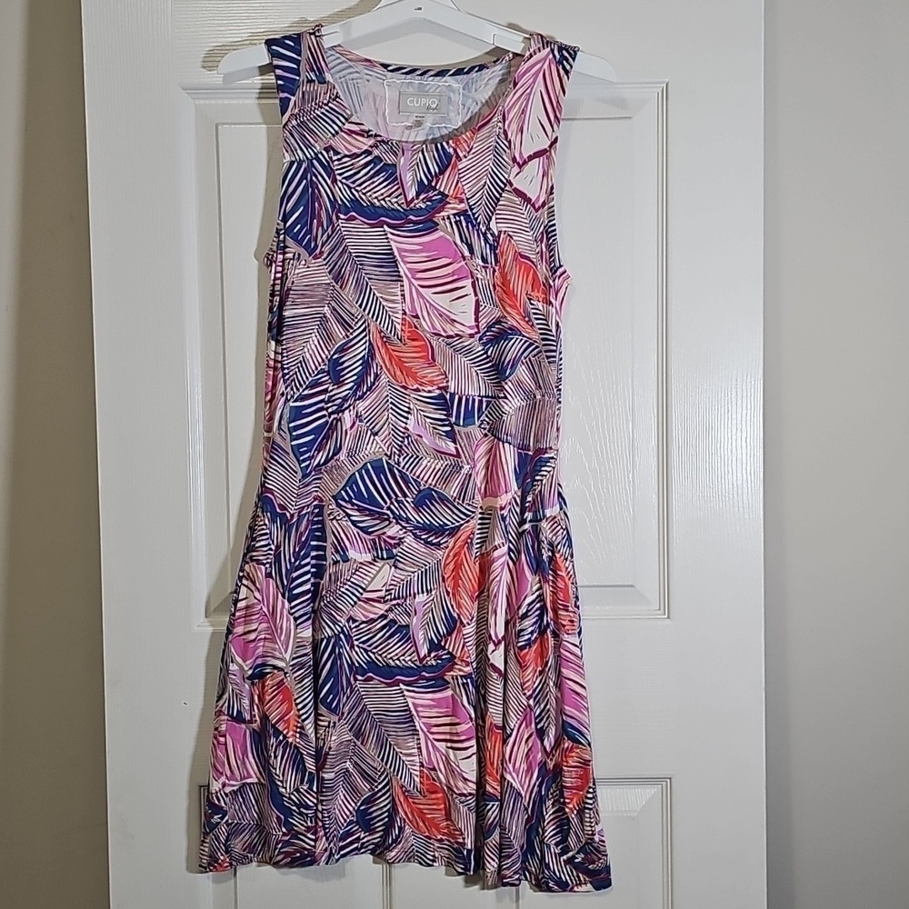 Cupio Tropical Floral Leaf Print Pink Blue Sleeveless Dress Pockets Modest SizeM
